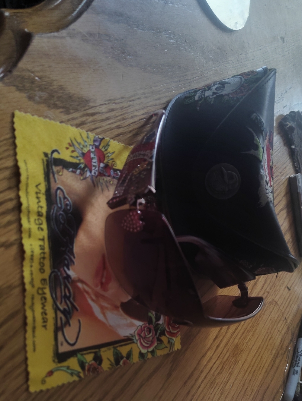 Ed Hardy Purple Gradient Shield Sunglasses with Leather Tattoo-Print Case